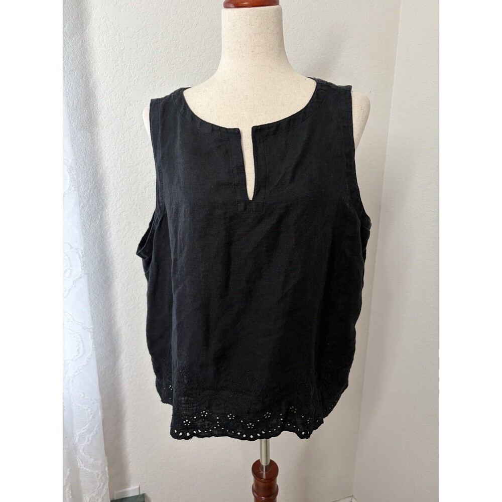Chico’s Women’s 3 (16) Black 100% Linen Lagenlook Eyelet Hem Sleeveless Tank Top